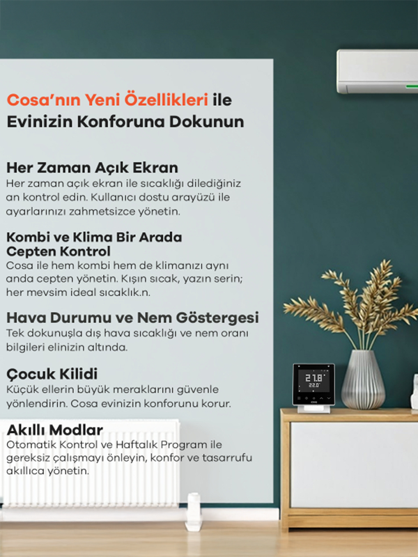 Cosa P5TR-21-AC-W Akıllı Oda Termostotı Kablolu Kombi ve Klima Kontrolü - Beyaz   2