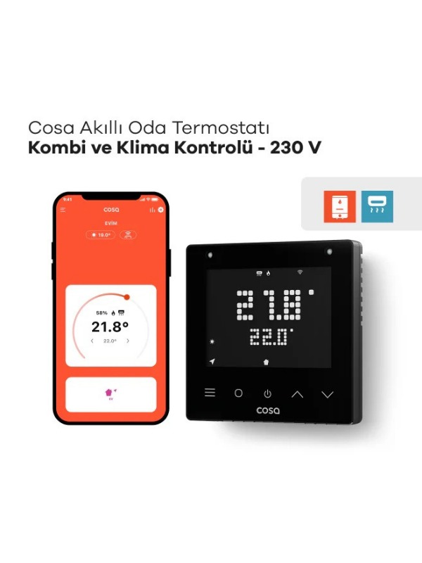 Cosa P5TR-22-AC-INV Akıllı Oda Termostotı Kablolu Kombi ve Klima Kontrolü - 230V Kablolu - Siyah 1
